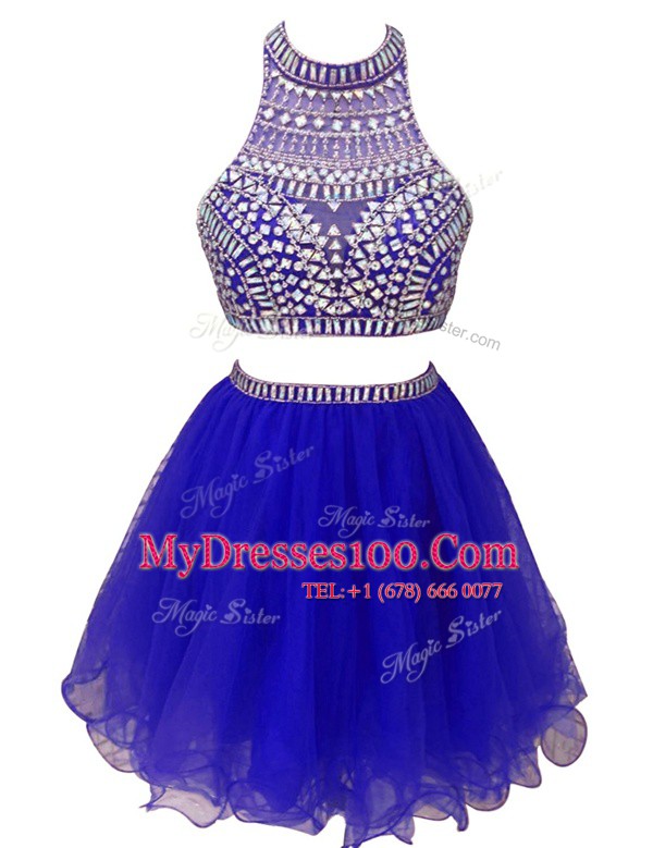 Sleeveless Chiffon Mini Length Zipper Prom Gown in Royal Blue with Beading