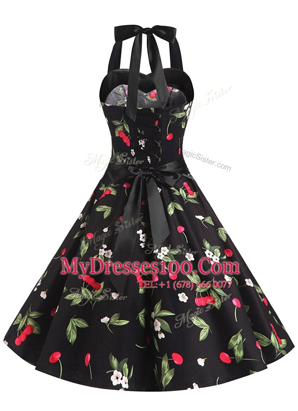 Halter Top Sleeveless Zipper Knee Length Sashes ribbons and Pattern Evening Dress