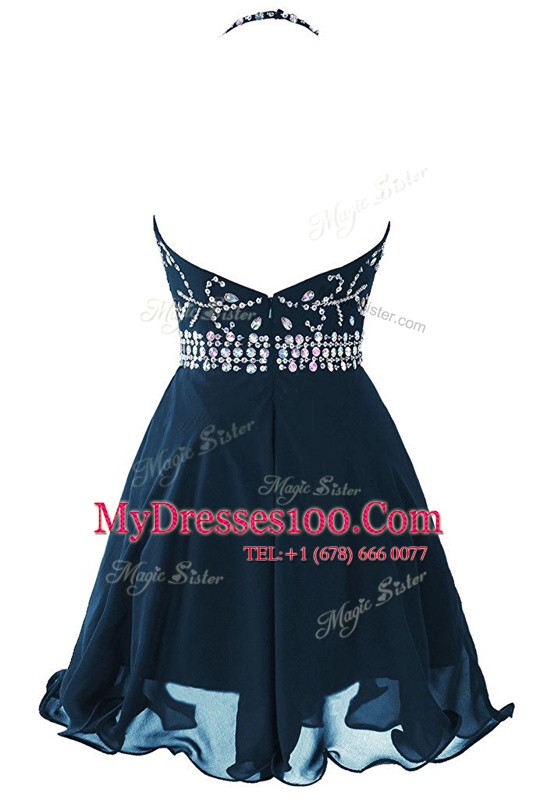 Spectacular Scoop Mini Length Zipper Prom Dress Navy Blue for Prom and Party with Beading and Belt