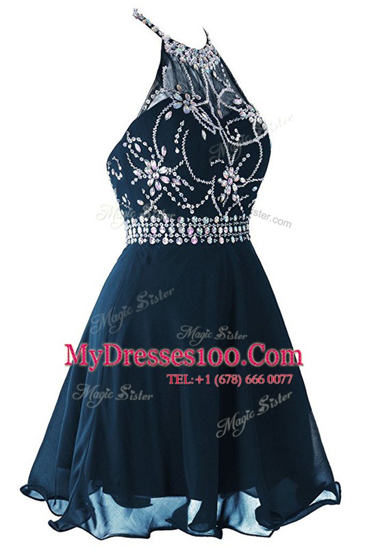 Spectacular Scoop Mini Length Zipper Prom Dress Navy Blue for Prom and Party with Beading and Belt