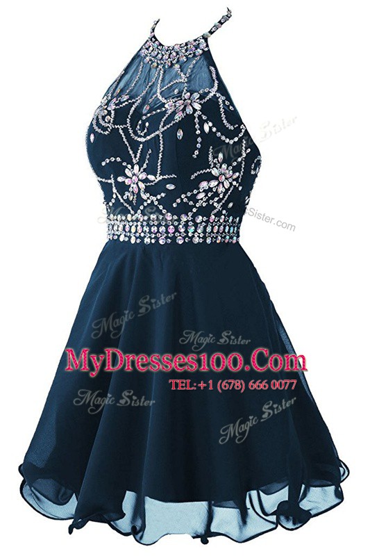 Spectacular Scoop Mini Length Zipper Prom Dress Navy Blue for Prom and Party with Beading and Belt