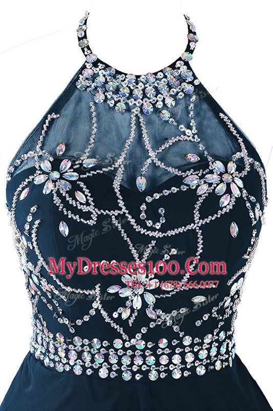 Spectacular Scoop Mini Length Zipper Prom Dress Navy Blue for Prom and Party with Beading and Belt