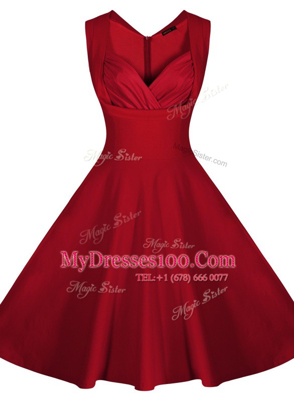 Hot Sale Sleeveless Knee Length Ruching Zipper Prom Party Dress with Wine Red