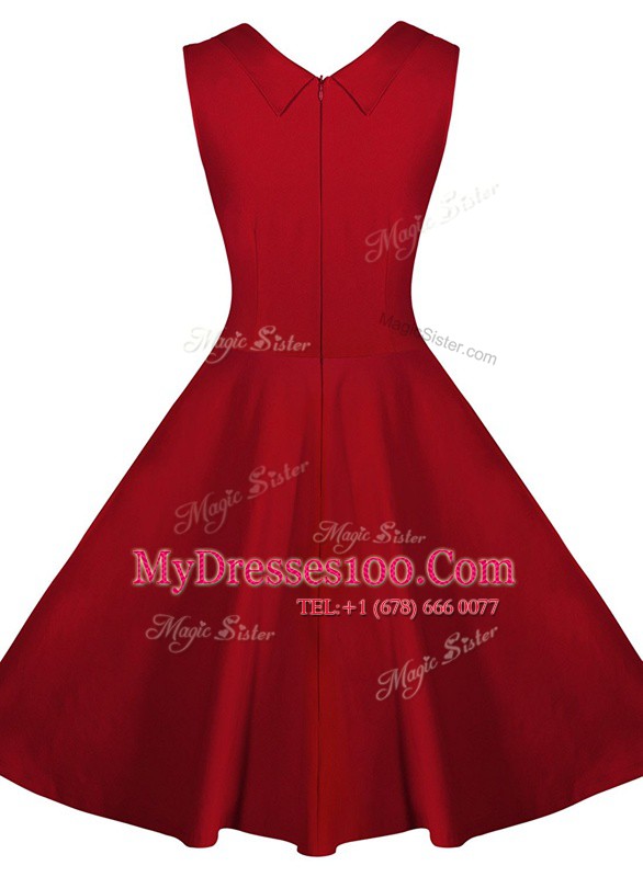 Hot Sale Sleeveless Knee Length Ruching Zipper Prom Party Dress with Wine Red
