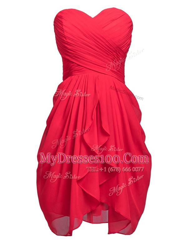 Fancy Sleeveless Knee Length Ruching Lace Up Prom Gown with Coral Red