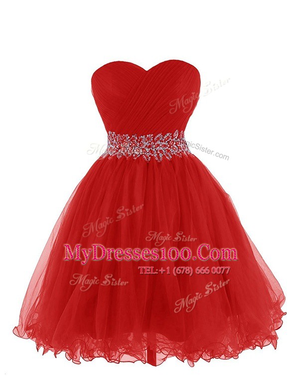 Decent Sleeveless Organza Mini Length Lace Up Prom Dresses in Red with Belt