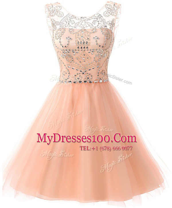 Scoop Beading Homecoming Dress Peach Zipper Sleeveless Knee Length