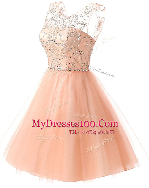 Scoop Beading Homecoming Dress Peach Zipper Sleeveless Knee Length
