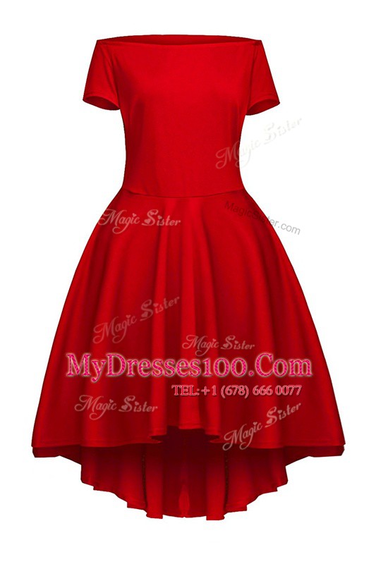 Free and Easy Wine Red A-line Bateau Short Sleeves Satin Tea Length Side Zipper Ruching Prom Gown