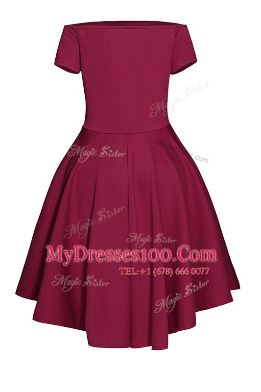 Free and Easy Wine Red A-line Bateau Short Sleeves Satin Tea Length Side Zipper Ruching Prom Gown