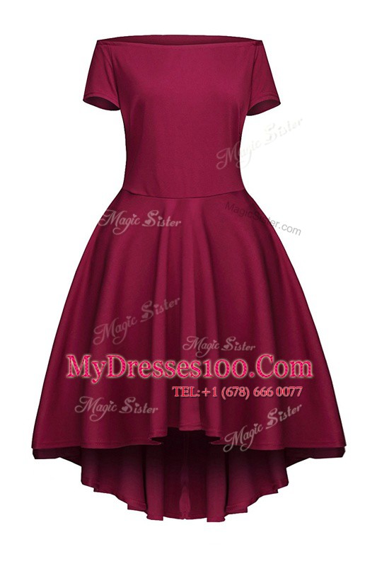 Fancy Burgundy Side Zipper Bateau Ruching Prom Evening Gown Satin Short Sleeves