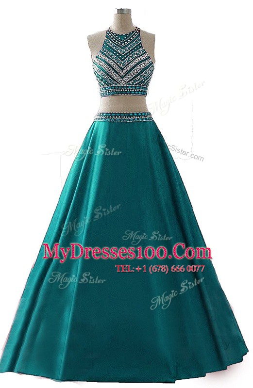 Scoop Dark Green Sleeveless Floor Length Beading Zipper Homecoming Dress