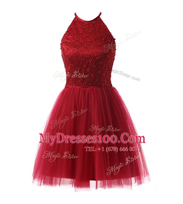 Scoop Sleeveless Chiffon Knee Length Zipper Prom Evening Gown in Wine Red with Beading