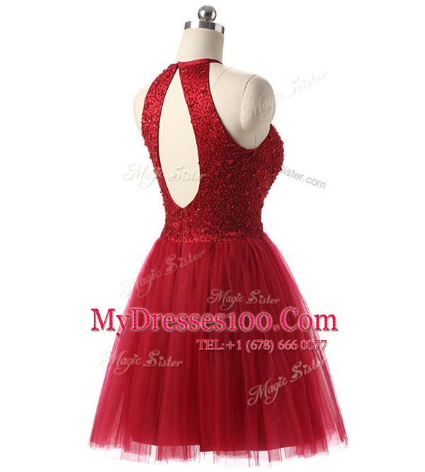 Scoop Sleeveless Chiffon Knee Length Zipper Prom Evening Gown in Wine Red with Beading