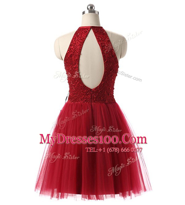 Scoop Sleeveless Chiffon Knee Length Zipper Prom Evening Gown in Wine Red with Beading