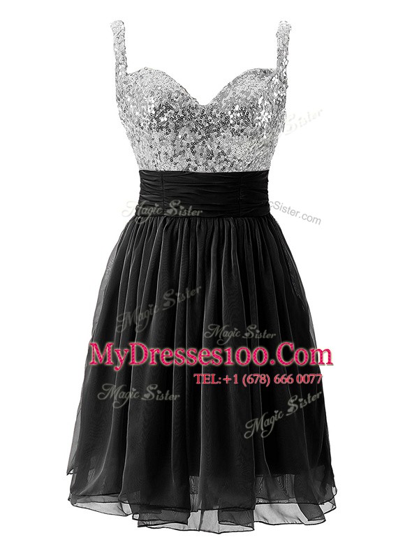 Sleeveless Chiffon Knee Length Zipper Homecoming Dress in Black with Beading