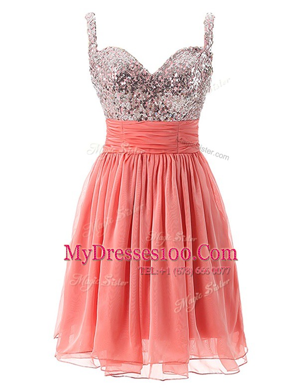 Watermelon Red Straps Neckline Beading Juniors Party Dress Sleeveless Zipper