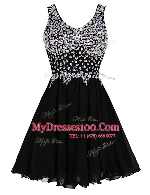 Black A-line Chiffon Straps Sleeveless Beading Knee Length Zipper