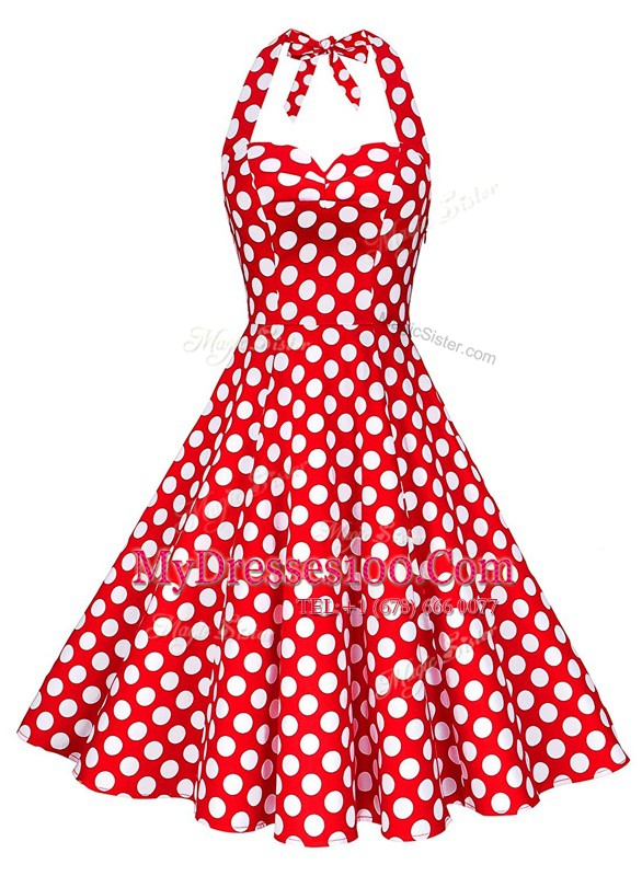 High Class Knee Length A-line Sleeveless White And Red Backless