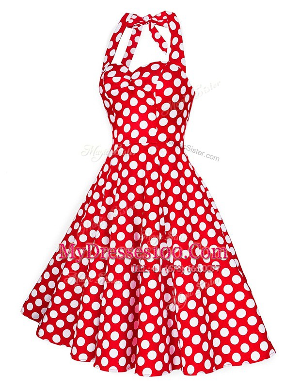 High Class Knee Length A-line Sleeveless White And Red Backless