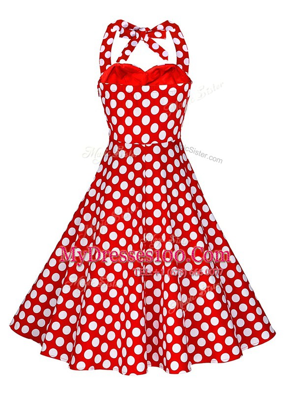 High Class Knee Length A-line Sleeveless White And Red Backless
