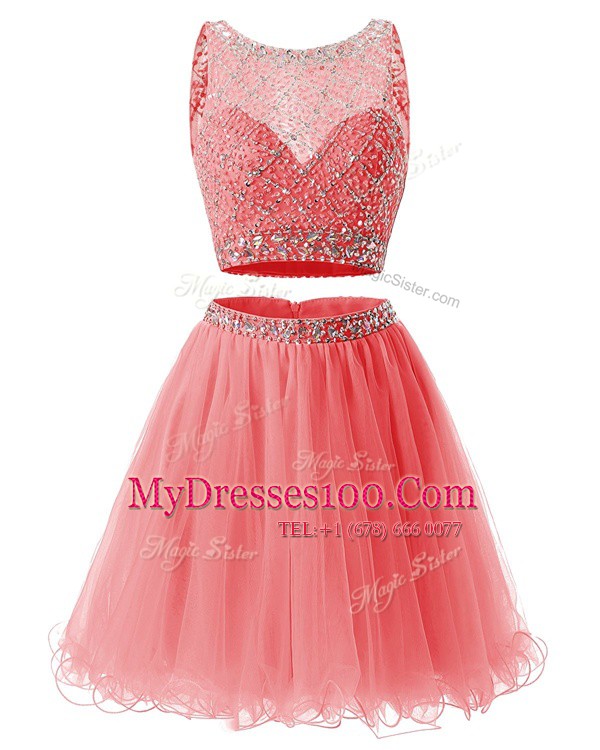 Fashionable Sweetheart Sleeveless Club Wear Mini Length Beading and Belt Watermelon Red Organza