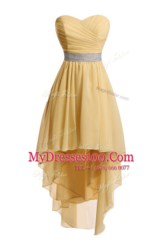Exceptional Gold Organza Lace Up Homecoming Dress Sleeveless High Low Belt