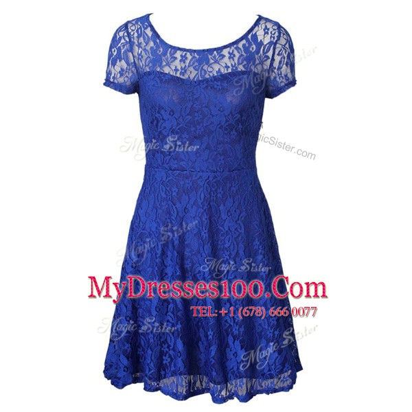 Custom Designed Blue Organza Side Zipper Scoop Short Sleeves Tea Length Homecoming Dress Lace