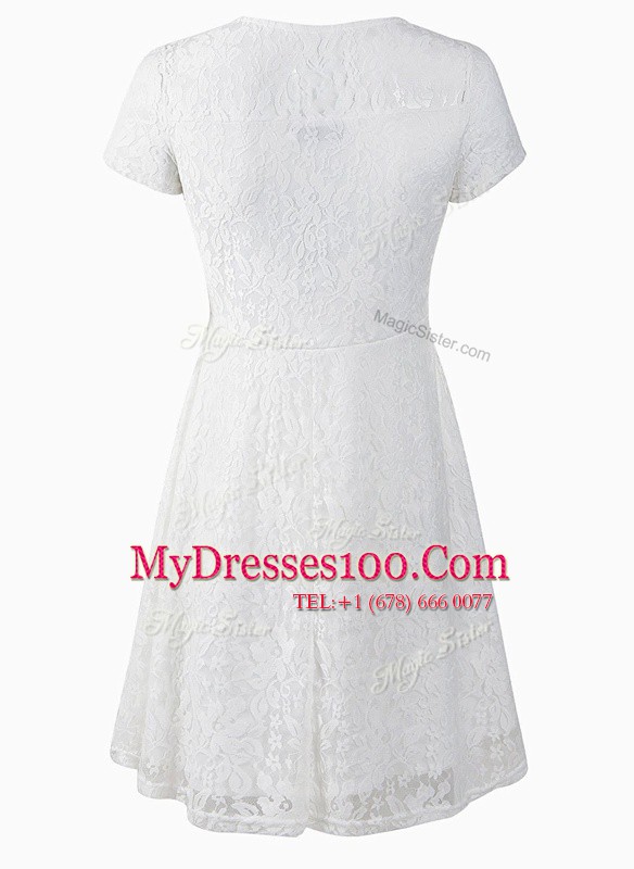 Custom Designed Blue Organza Side Zipper Scoop Short Sleeves Tea Length Homecoming Dress Lace