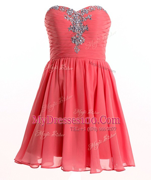 Dynamic Watermelon Red Empire Sweetheart Sleeveless Chiffon Mini Length Lace Up Beading Evening Dress