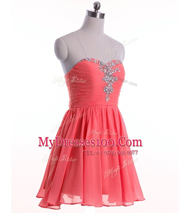 Dynamic Watermelon Red Empire Sweetheart Sleeveless Chiffon Mini Length Lace Up Beading Evening Dress