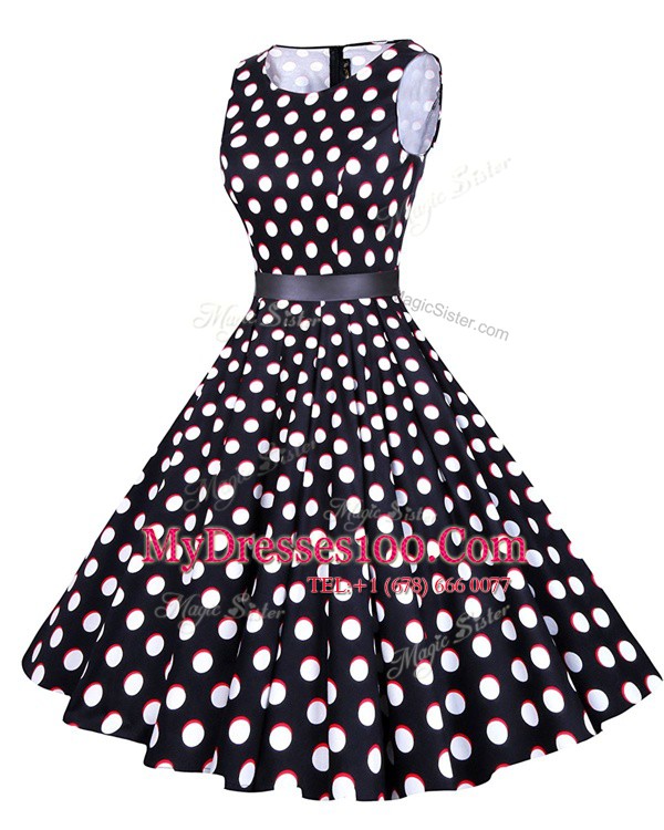 Shining White And Black A-line Chiffon Scoop Sleeveless Sashes ribbons and Pattern Knee Length Zipper Prom Dresses