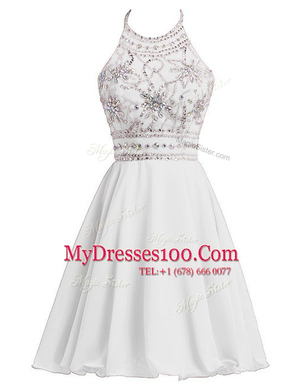 Custom Made Halter Top Knee Length Zipper Prom Evening Gown White for Prom and Party with Beading