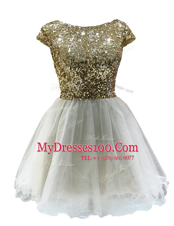 White Bateau Neckline Sequins Formal Evening Gowns Cap Sleeves Zipper