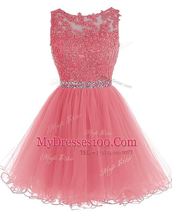 Fabulous Scoop Watermelon Red Sleeveless Beading and Lace Knee Length Prom Dress