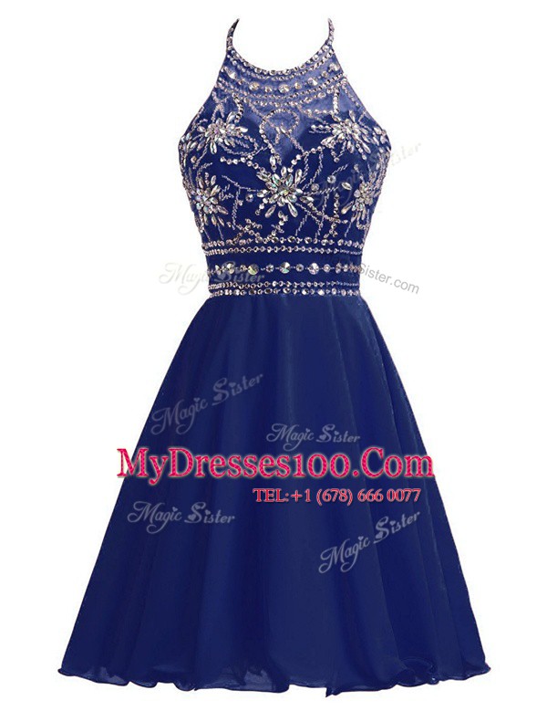 Halter Top Sleeveless Chiffon Knee Length Zipper Cocktail Dress in Navy Blue with Beading