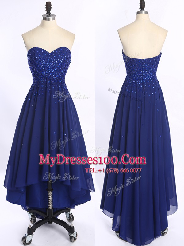 Custom Design Royal Blue Zipper Sweetheart Beading Prom Dresses Chiffon Sleeveless