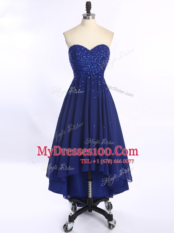 Custom Design Royal Blue Zipper Sweetheart Beading Prom Dresses Chiffon Sleeveless