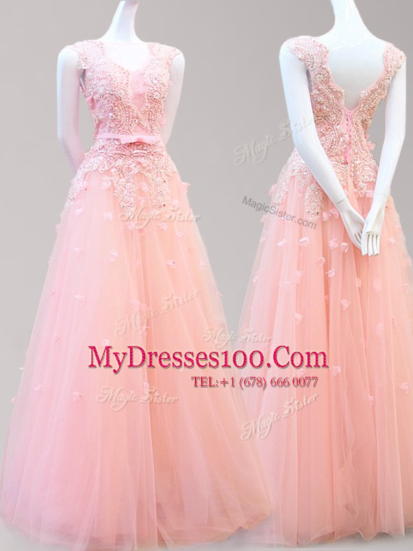 Enchanting Tulle Sleeveless Floor Length Dress for Prom and Appliques and Bowknot