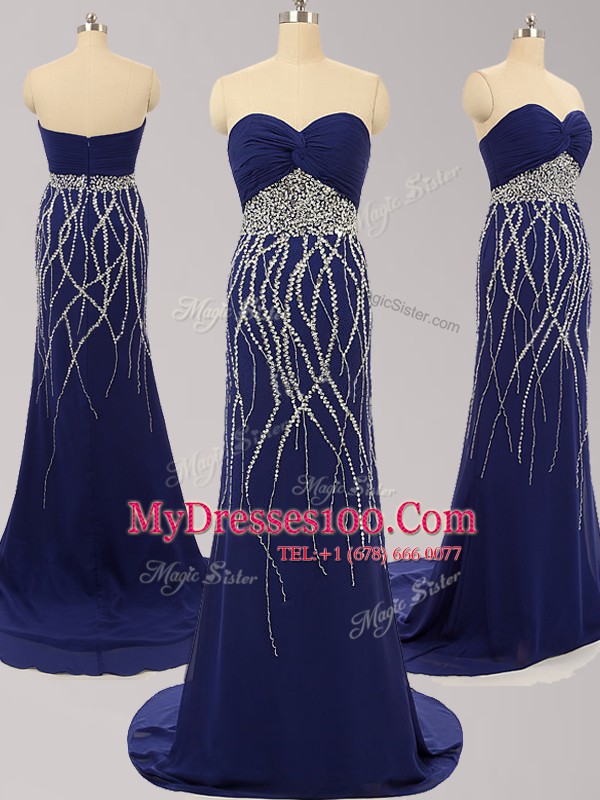 Fine Navy Blue Sweetheart Zipper Beading Prom Dress Brush Train Sleeveless