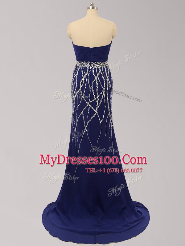 Fine Navy Blue Sweetheart Zipper Beading Prom Dress Brush Train Sleeveless