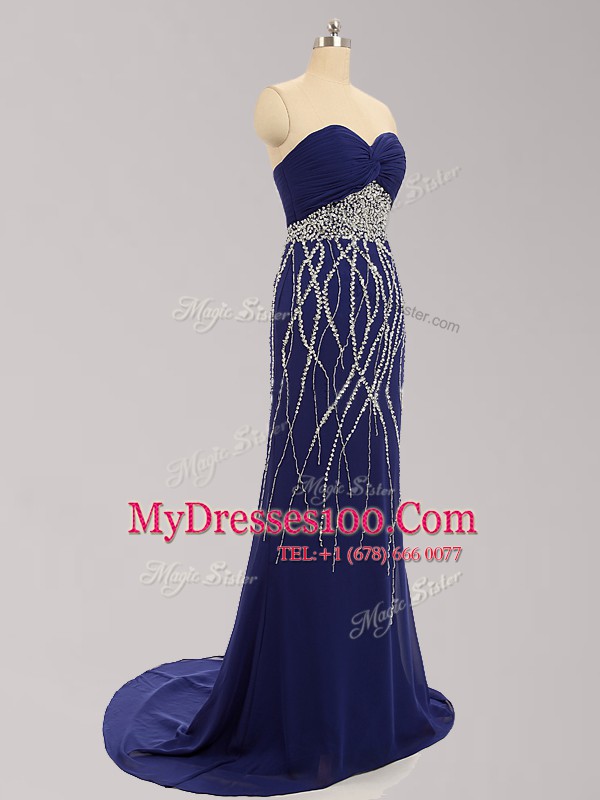 Fine Navy Blue Sweetheart Zipper Beading Prom Dress Brush Train Sleeveless