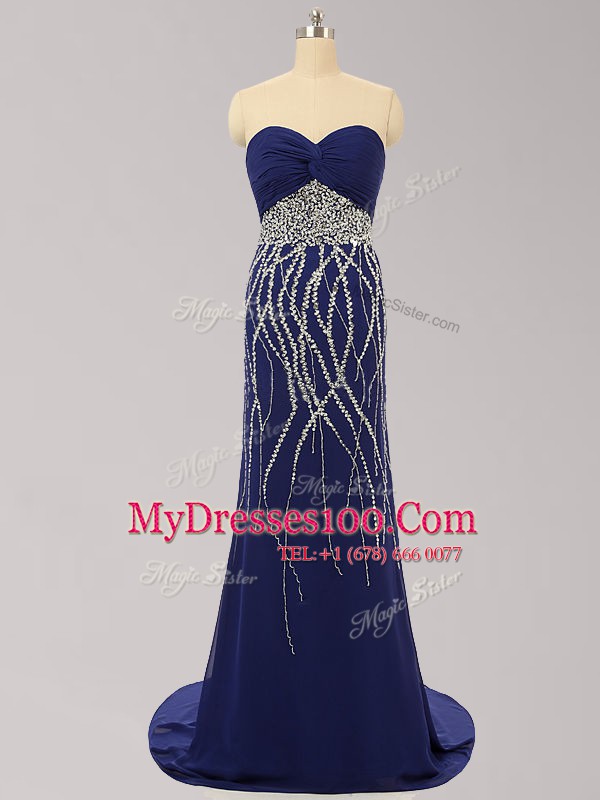 Fine Navy Blue Sweetheart Zipper Beading Prom Dress Brush Train Sleeveless