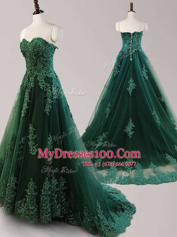 Exceptional Dark Green Prom Gown Tulle Brush Train Sleeveless Beading and Appliques