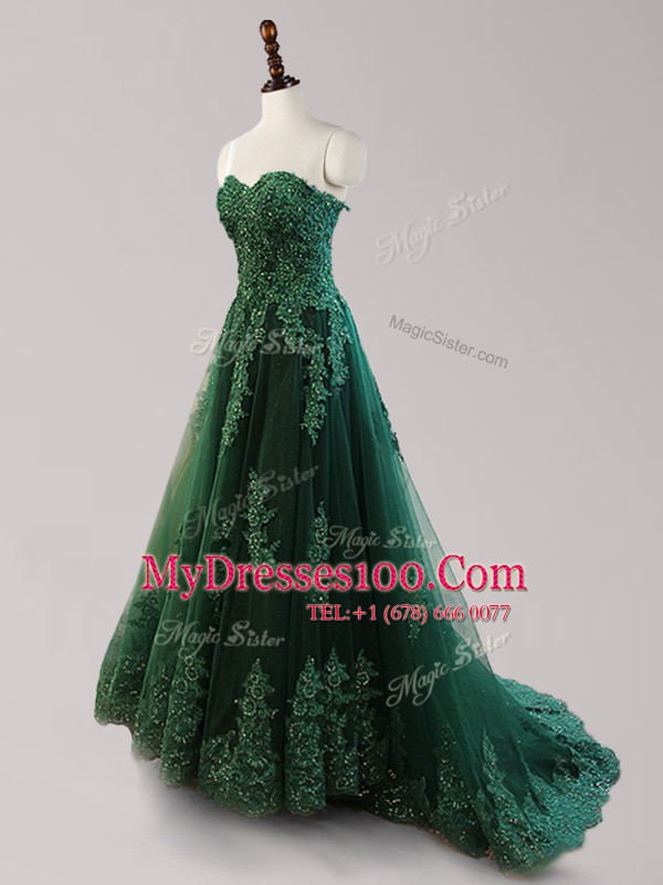 Exceptional Dark Green Prom Gown Tulle Brush Train Sleeveless Beading and Appliques
