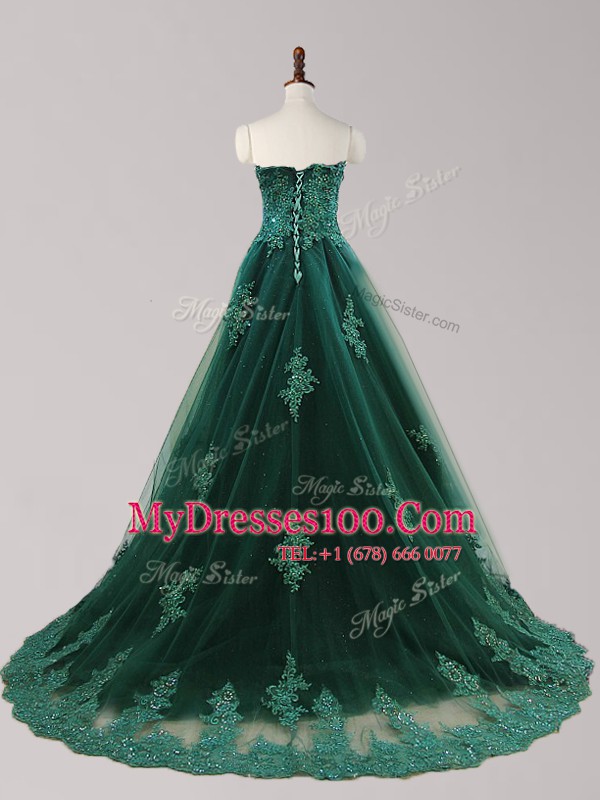 Exceptional Dark Green Prom Gown Tulle Brush Train Sleeveless Beading and Appliques