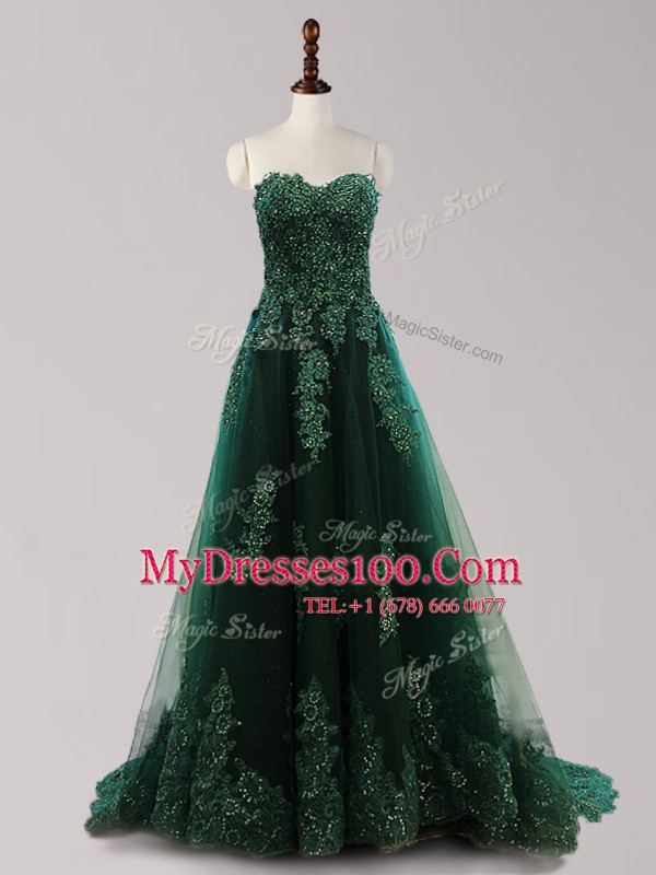 Exceptional Dark Green Prom Gown Tulle Brush Train Sleeveless Beading and Appliques