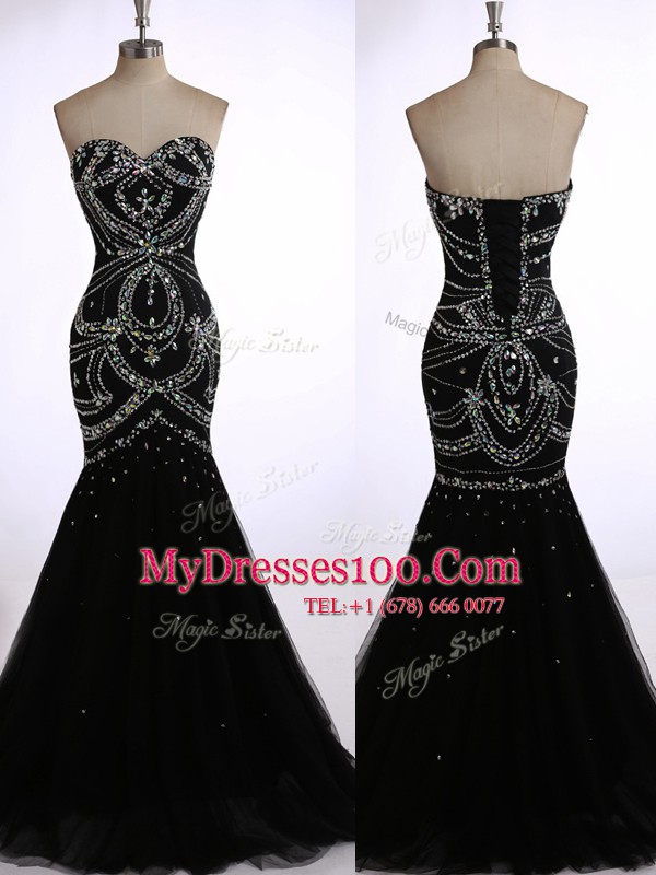 Mermaid Sweetheart Sleeveless Tulle Dress for Prom Beading Brush Train Zipper
