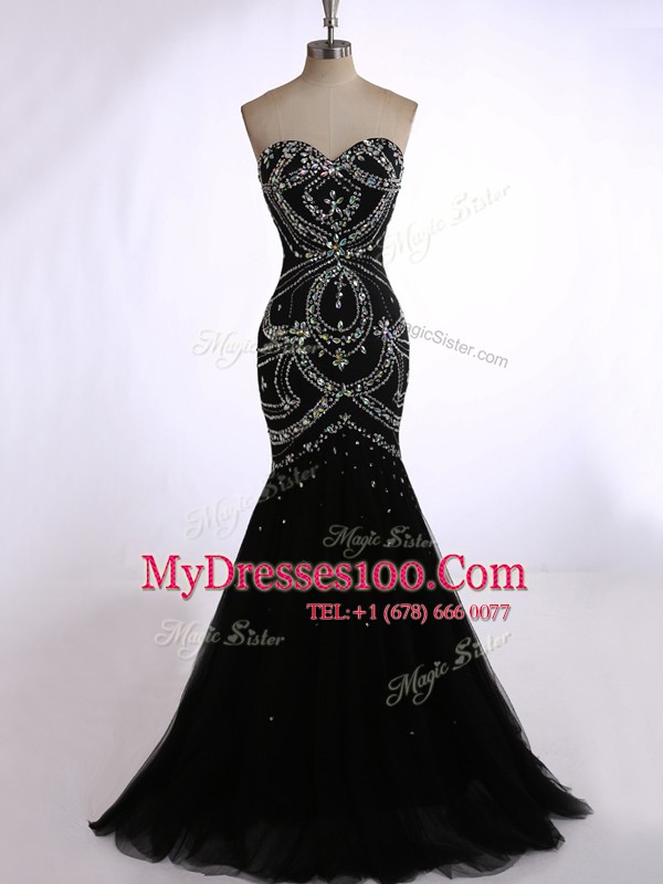 Mermaid Sweetheart Sleeveless Tulle Dress for Prom Beading Brush Train Zipper