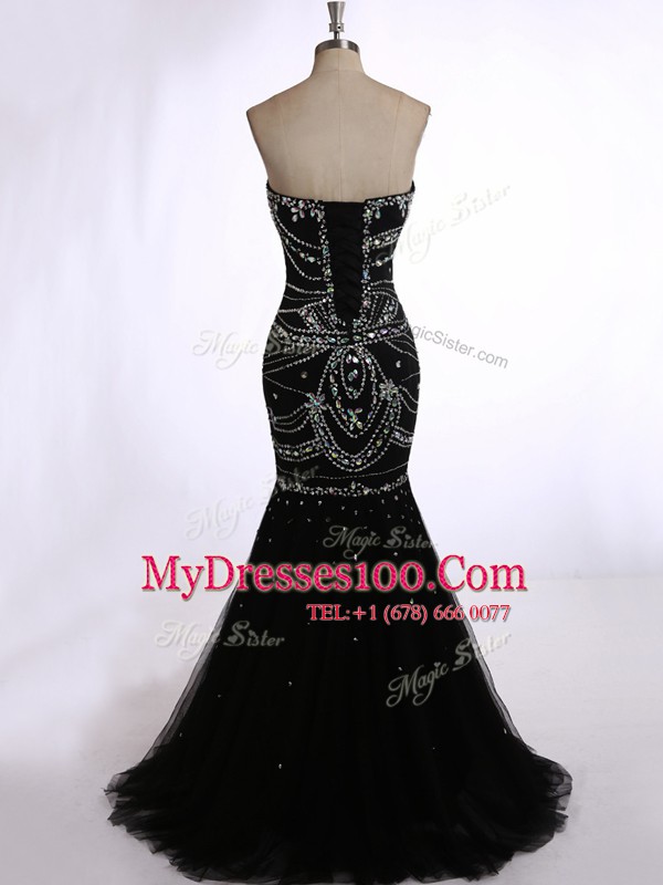 Mermaid Sweetheart Sleeveless Tulle Dress for Prom Beading Brush Train Zipper